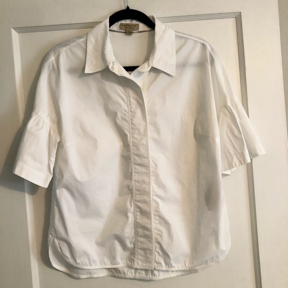 BURBERRY Short Flutter Sleeve Button Down Top White US 6 EUC
